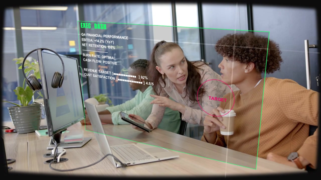 Donna che conduce una revisione dei dati, toccando il tablet e indicando il monitor, visualizzando metriche AR sul collega.