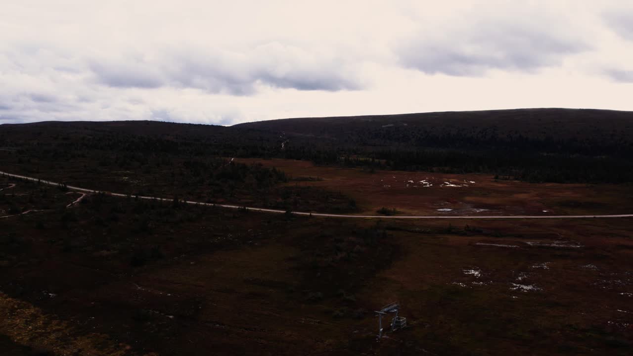 Aerial shot of downhill biking slope system during a fall day in S&auml;len, Sweden