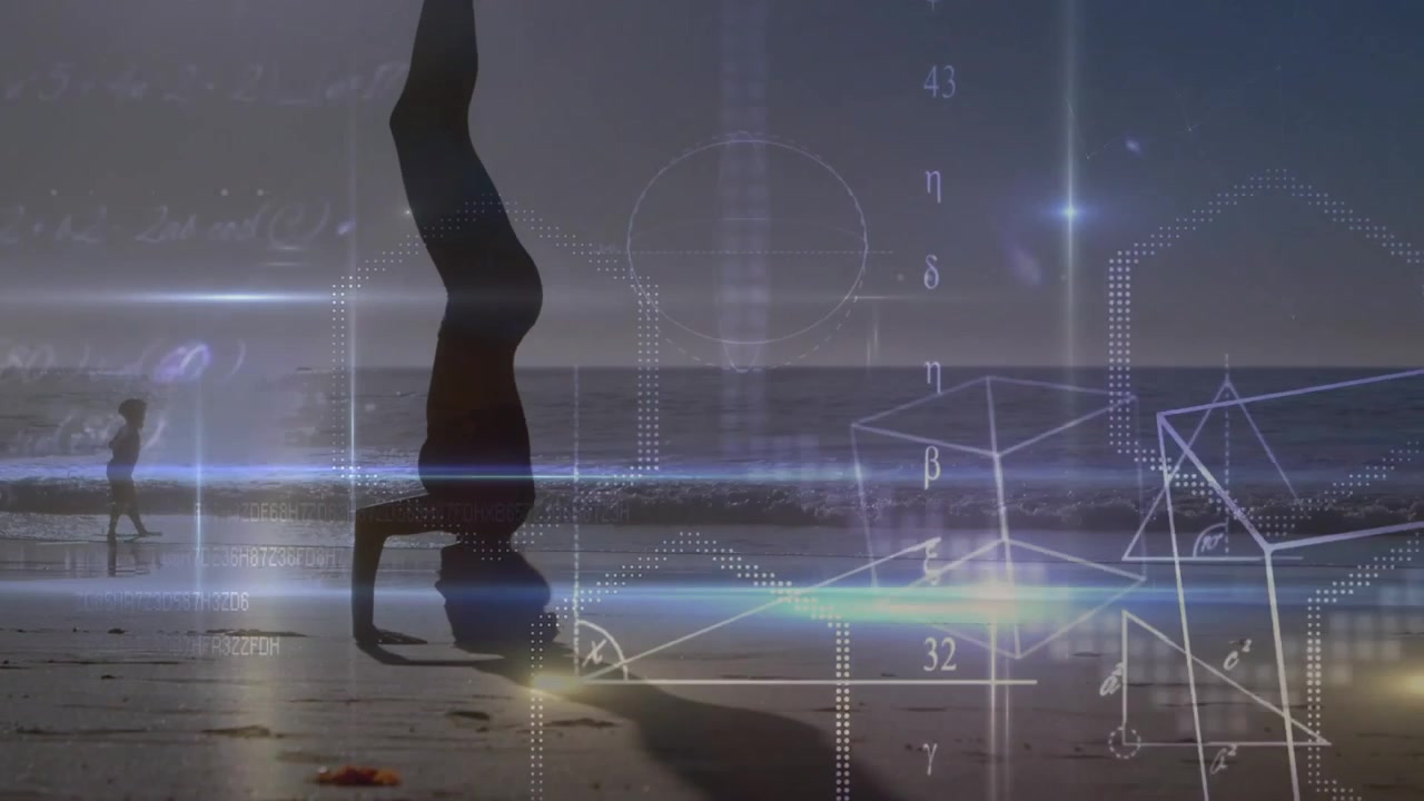 Placing head on sand woman lifting into headstand on beach with 3D shapes showing yoga balance