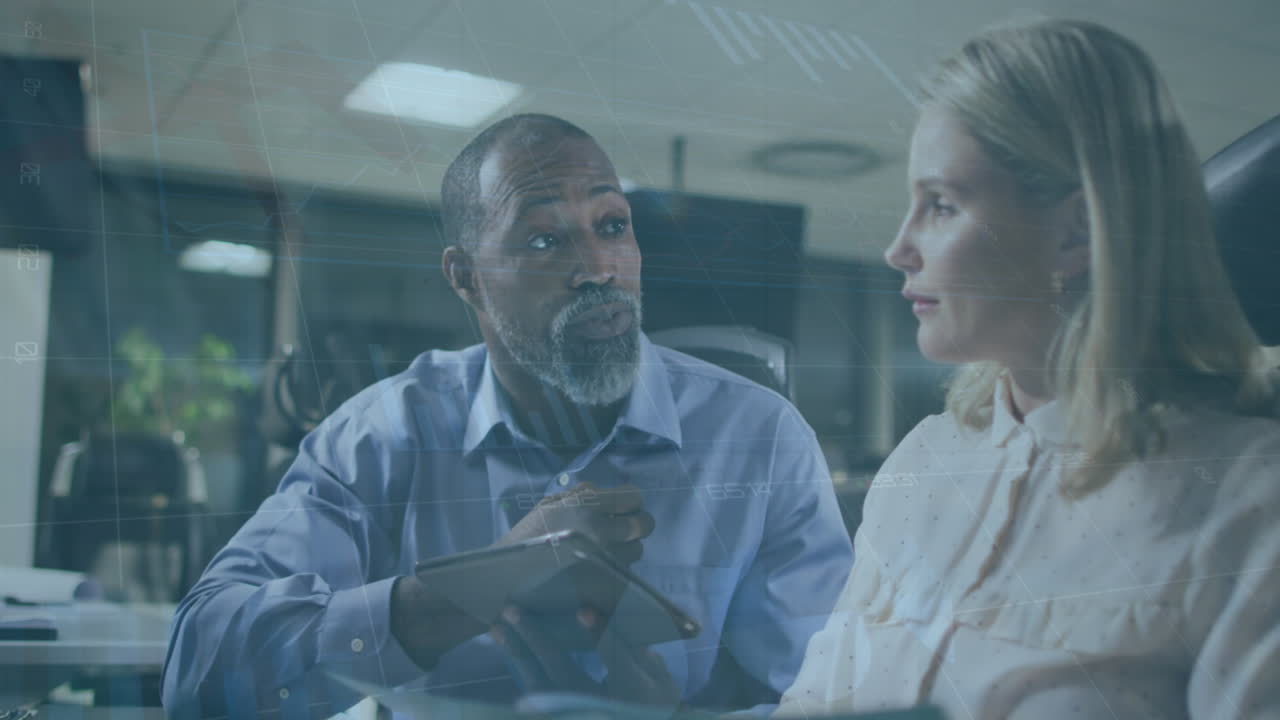 Animation of data processing over diverse business people at office