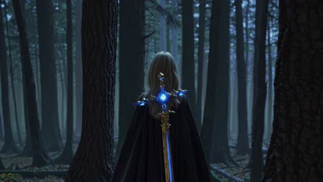 mujer con una espada brillante en un bosque oscuro