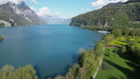 Breathtaking-aerial-shot-of-beautiful-Switzerland-Klontalersee-lake