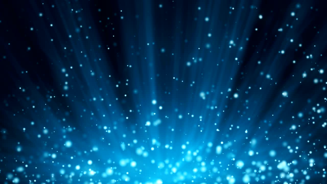 빛의 광선과 입자를 가진 무결한 파란색 축제 배경