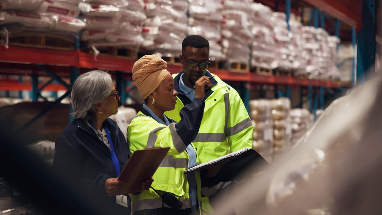 Diverse Logistics Team Discussing Inventory in a Warehouse