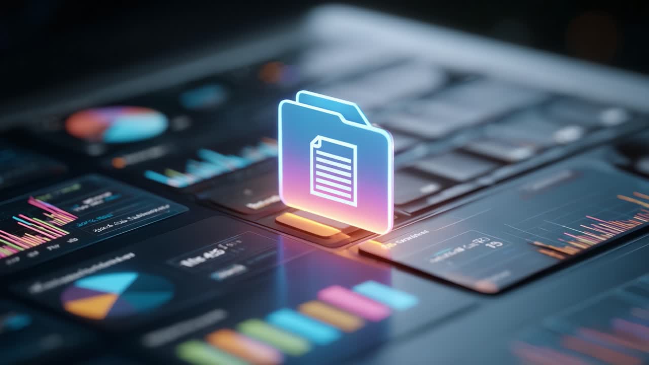 Digital Interface with Data Visualization and Folder Icon on Laptop, Showcasing Analytics and Interactive Charts for Future Improvements in Management