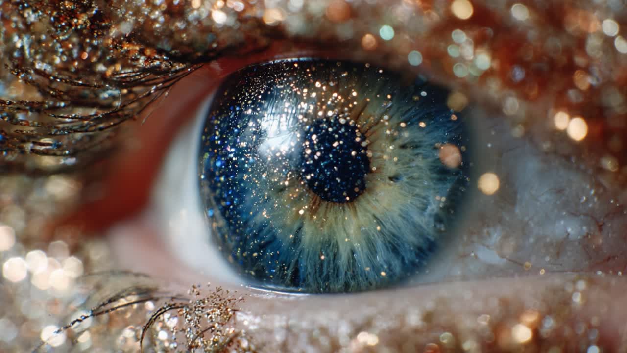 A Captivating Close-Up of an Eye Adorned with Sparkling Glitter, Showcasing Intricate Details and Vivid Colors, Highlighting the Beauty of Human Expression and Emotion