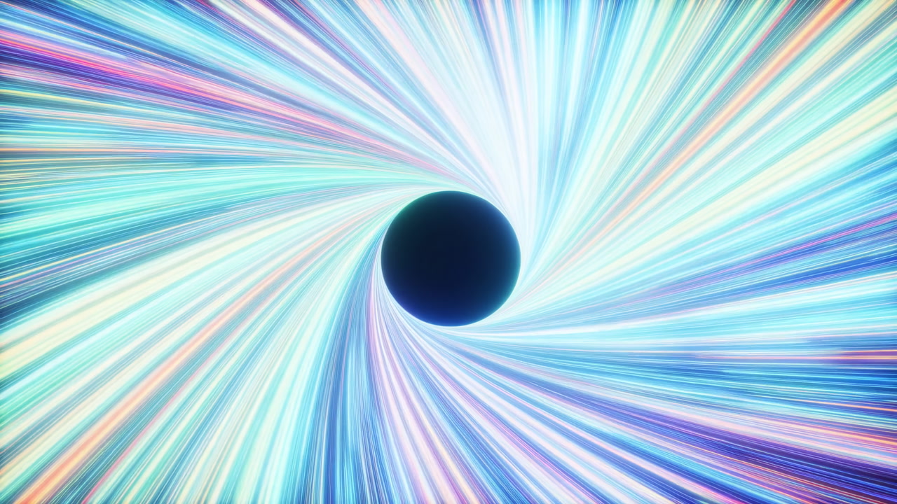 Radiant Pastel Vortex Spirals Into Void With Multicolored Light Streaks Radiating From Glossy Black Core, Soft