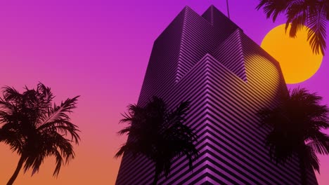 skyscraper at sunset with tropical palms. 3d synthwave style animated background. seamless loop.