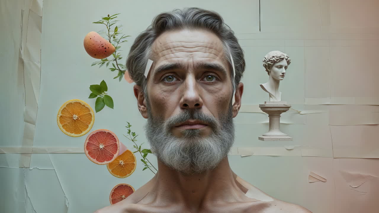 Surreal portrait of a man with a beard, fruit, and classical sculpture