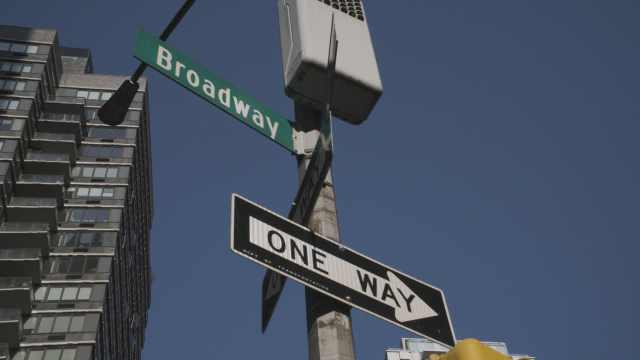 Handheld shot of a Broadway street sign. Shot on a summer morning in New York City