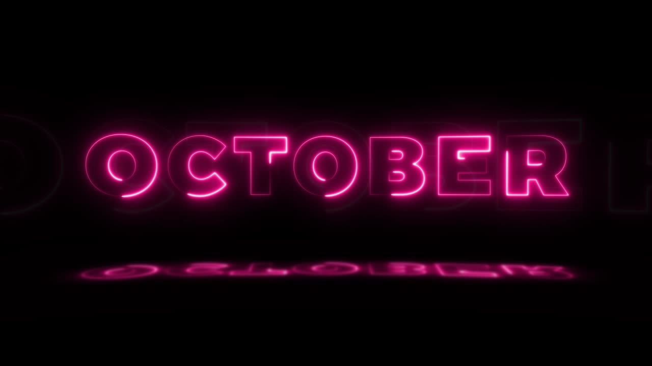 Parola 'OTTOBRE' luminosa al neon su sfondo nero con riflessi sul pavimento. Insegne al neon luminose in grafica animata a ciclo continuo.
