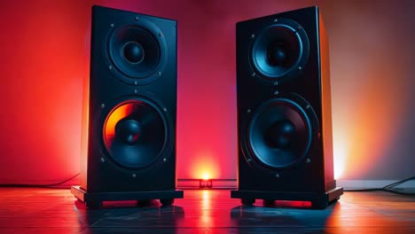 a pair of speakers sitting on top of a wooden floor