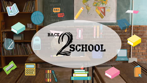 back to school text banner and multiple school concept icons against empty classroom at school