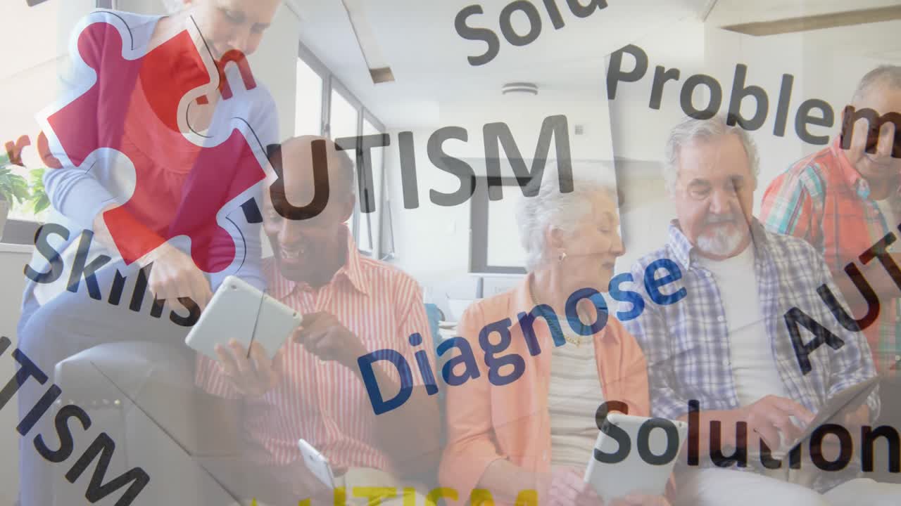 다채로운 퍼즐 조각과 자폐증 텍스트의 애니메이션이 전자 장치를 사용하는 고령 친구들 위에