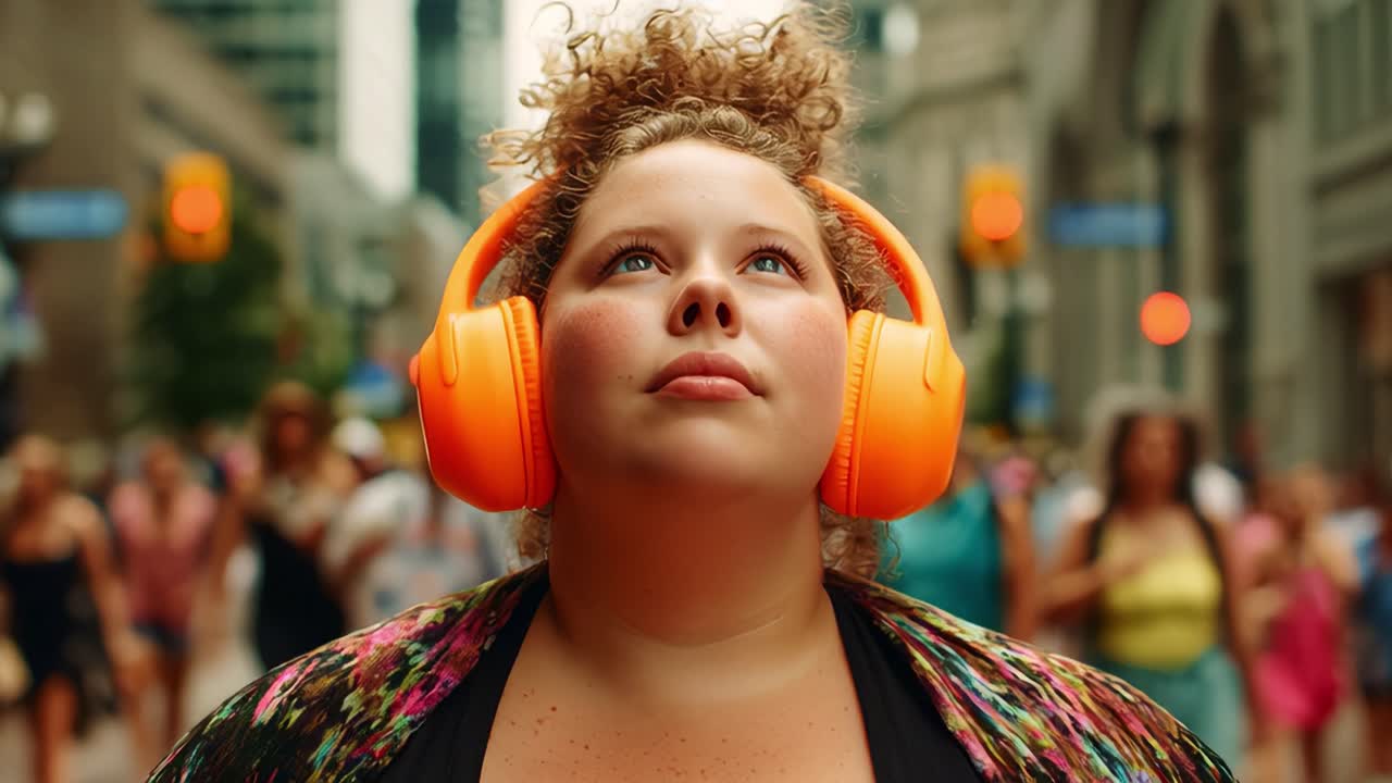 A young woman stands amidst a bustling city street, lost in her music, wearing vibrant orange headphones and a colorful garment, embodying the joy of urban life and personal expression