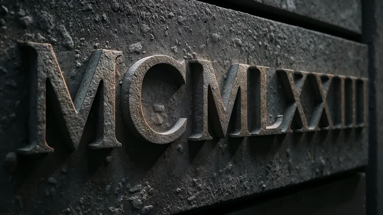 Moving slow close-up camera revealing weathered metal plaque on panel to show pitted MCM numerals