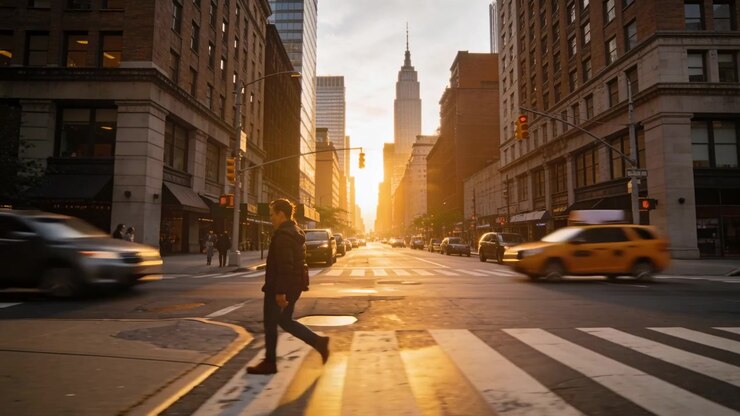 Pendolare che sale sulle strisce pedonali, attraversa il viale con lo zaino, passando oltre il bagliore del sole.