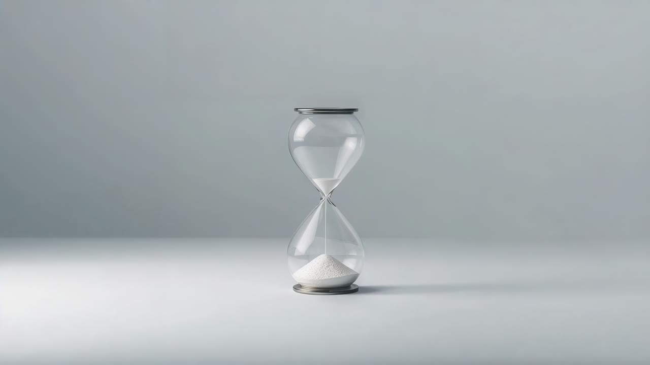 Clessidra che inizia a far scorrere sabbia bianca attraverso un collo stretto in uno studio minimalista, misurando il tempo