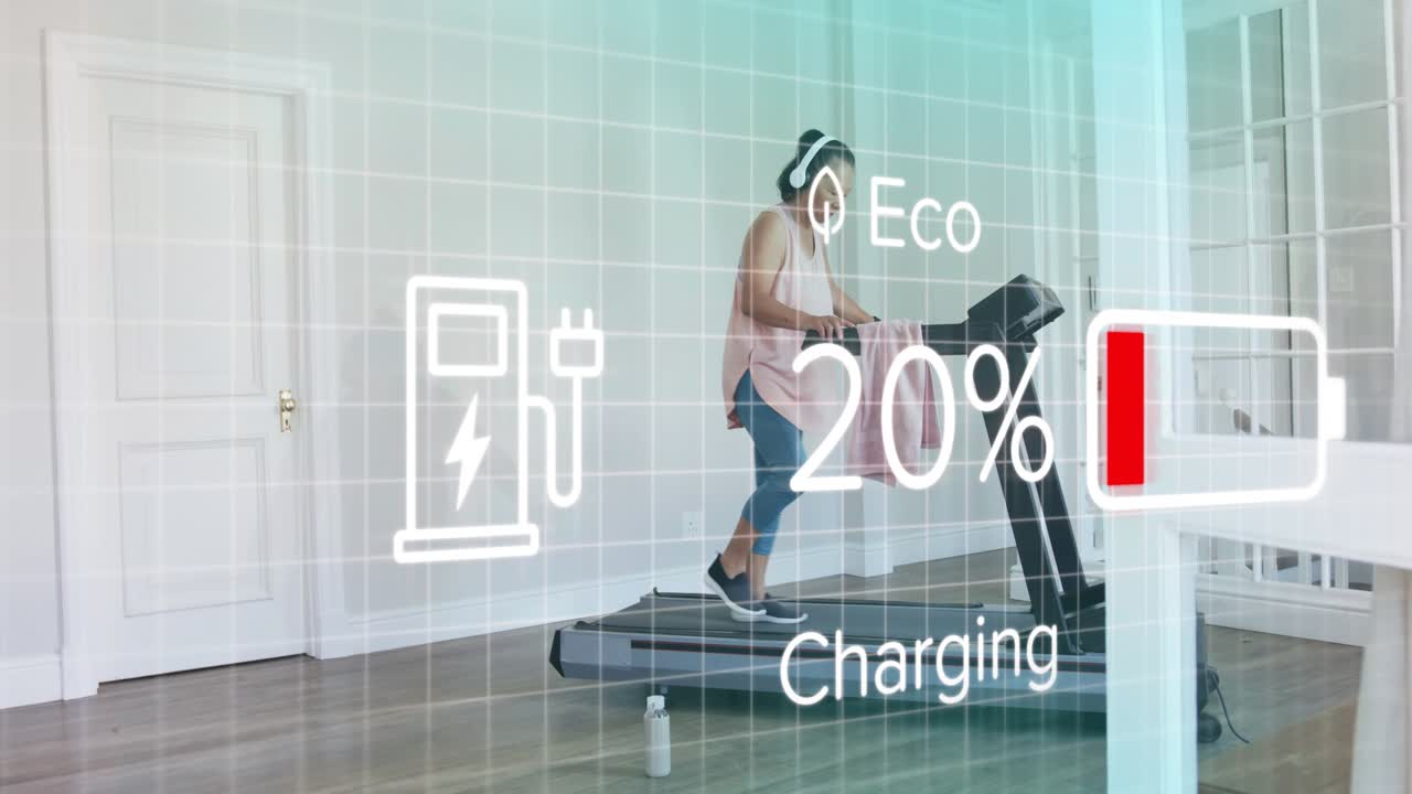 Woman walking treadmill fitness gym activating AR overlay charging battery to 100% then falling