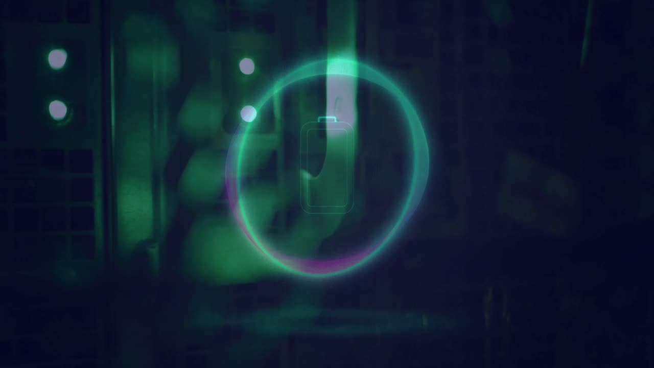 Animation of neon circle with battery over servers