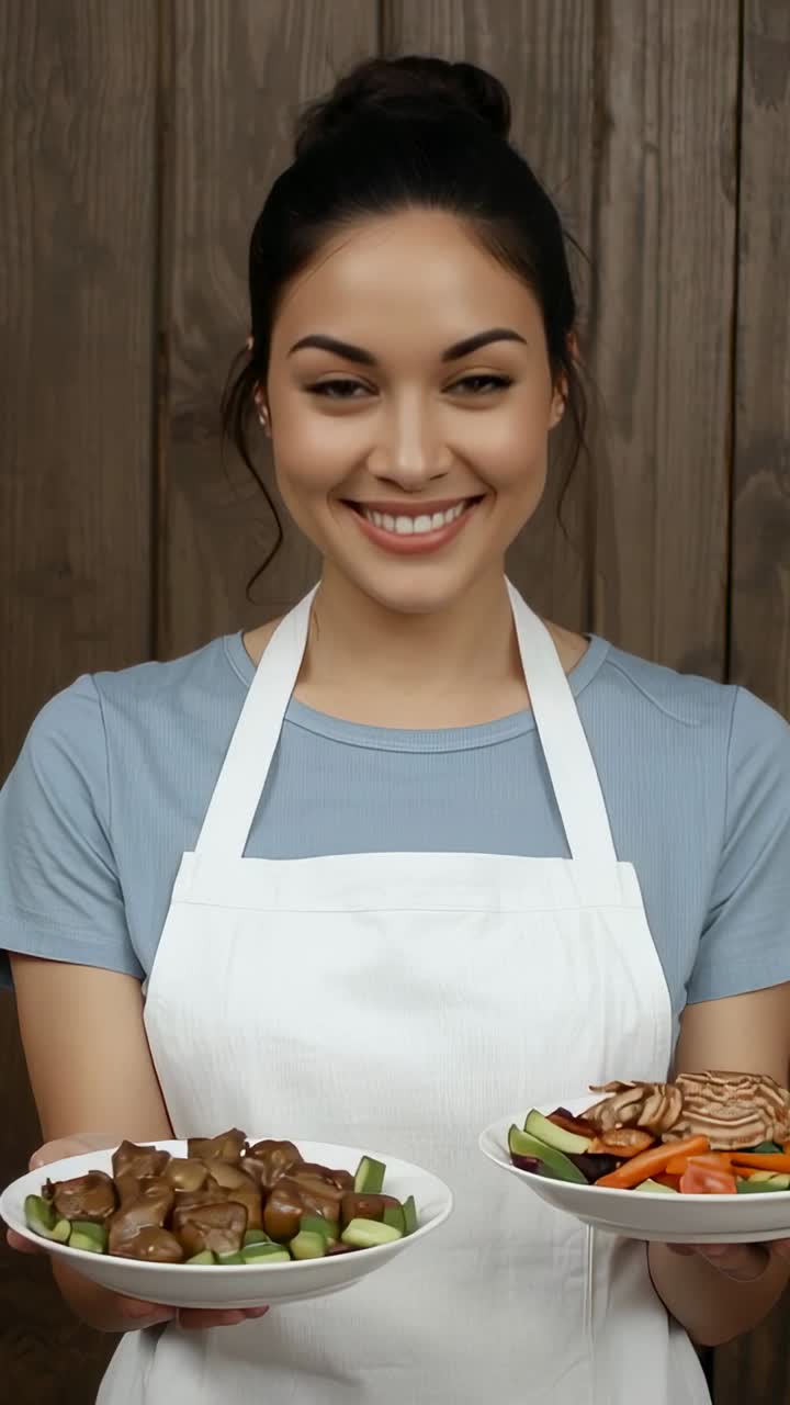 Vertical video: Lifting plates chef showing dishes in kitchen with mushrooms and protein strips