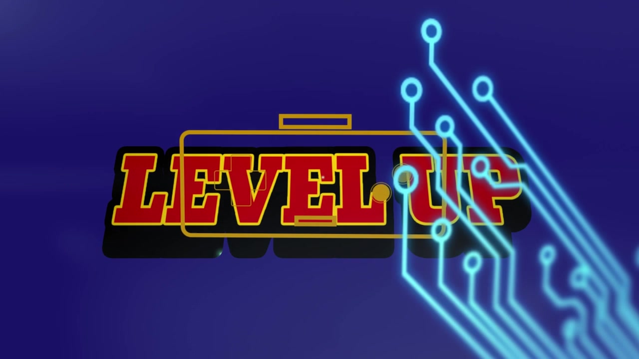 Animation eines Levelaufstiegs, einer Videospielkonsole und einer Leiterplatte