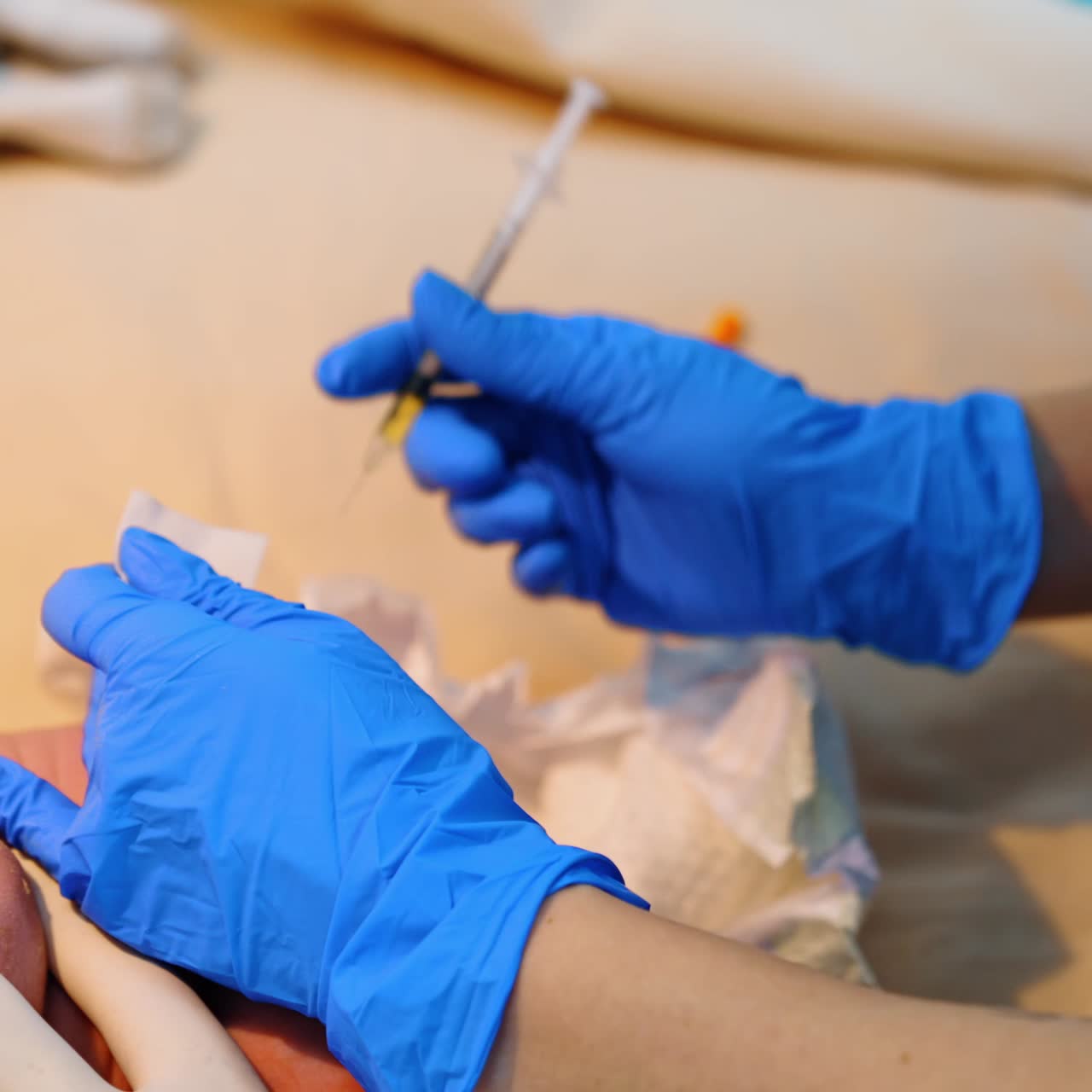 Medic wearing blue latex gloves give a shot to a newborn child. Injection right after birth. Close up