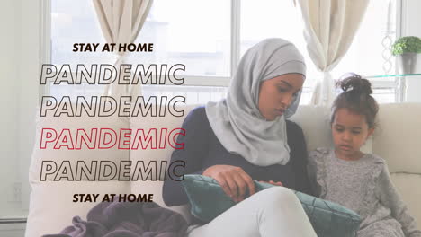 animation of word stay at home and pandemic with woman wearing a hijab and her daughter at home