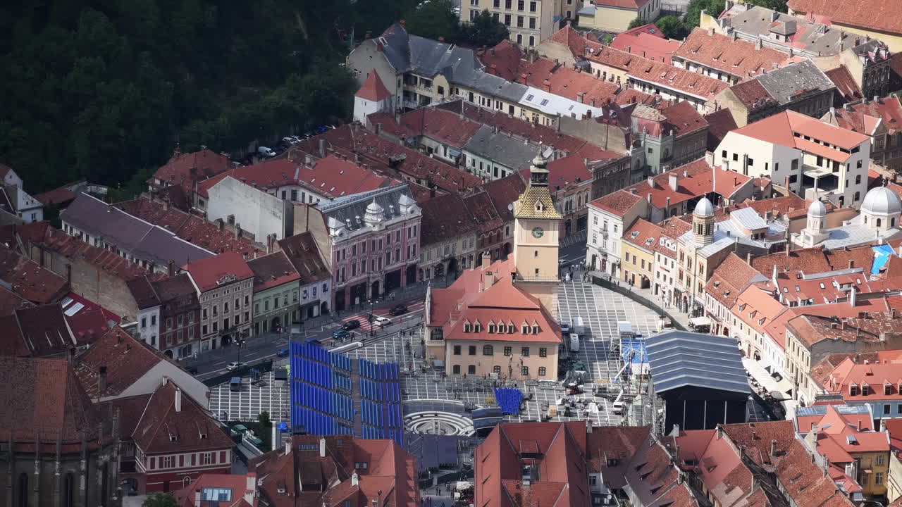 Aerial drone view of The Council Square in the historic center of Brasov, Romania