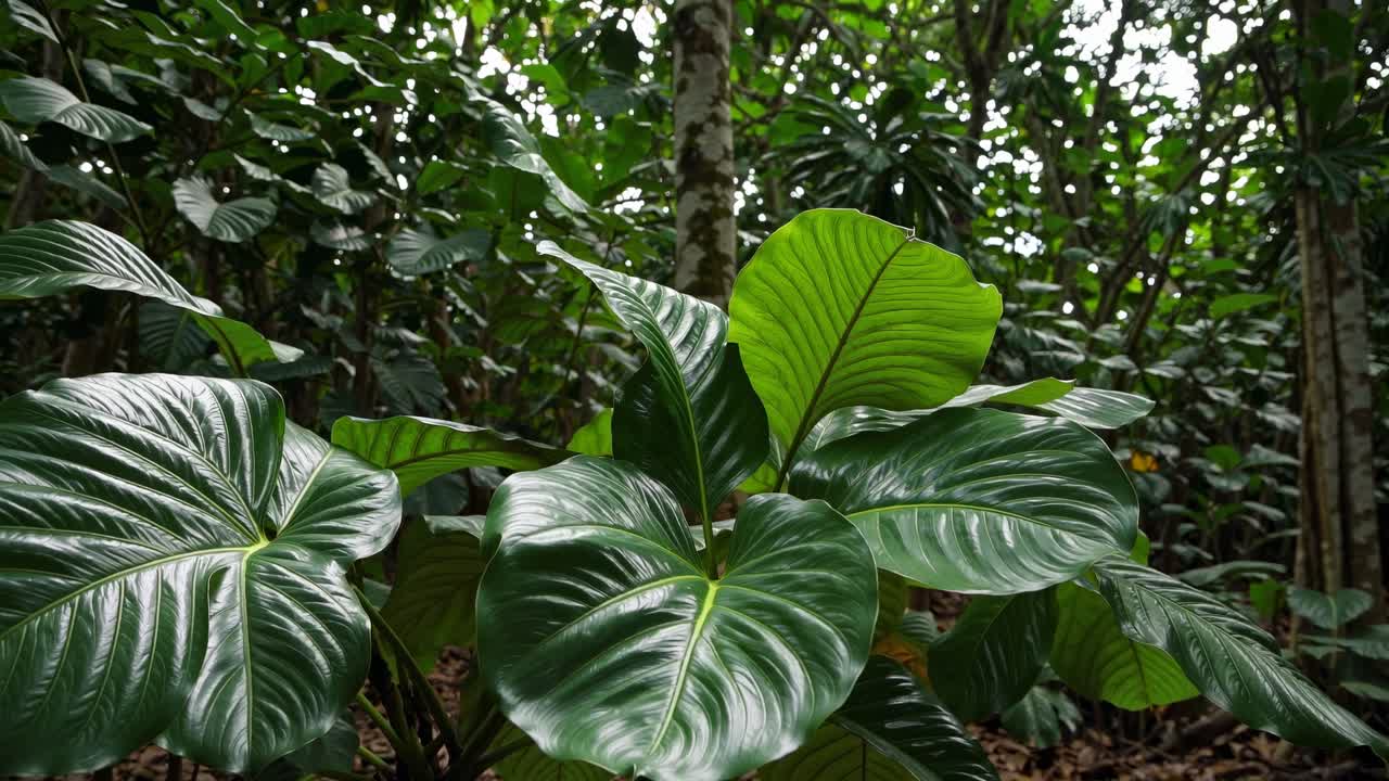 Lush green jungle foliage captured from a low-angle, showcasing vibrant leaves