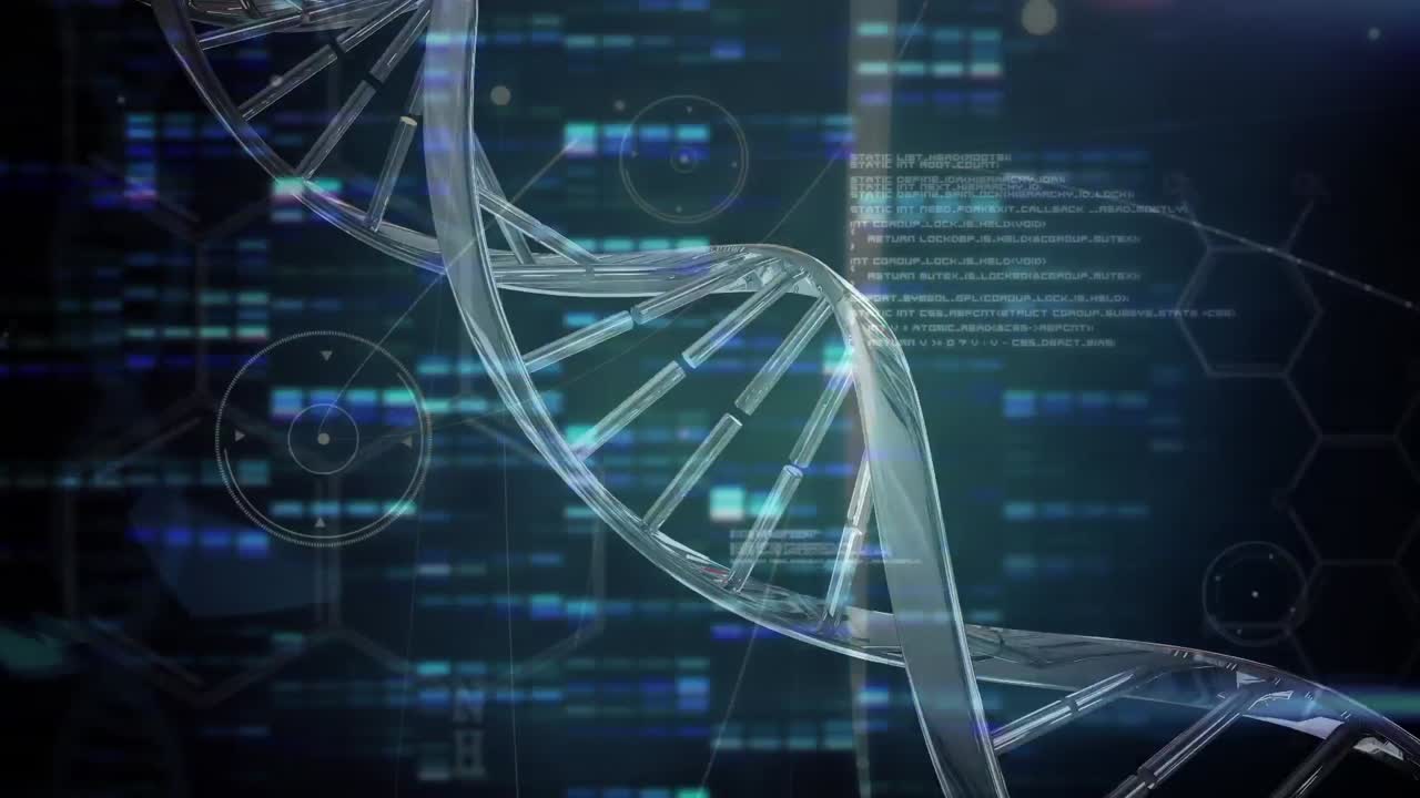 Animation of dna strand spinning over scientific data processing on blue background