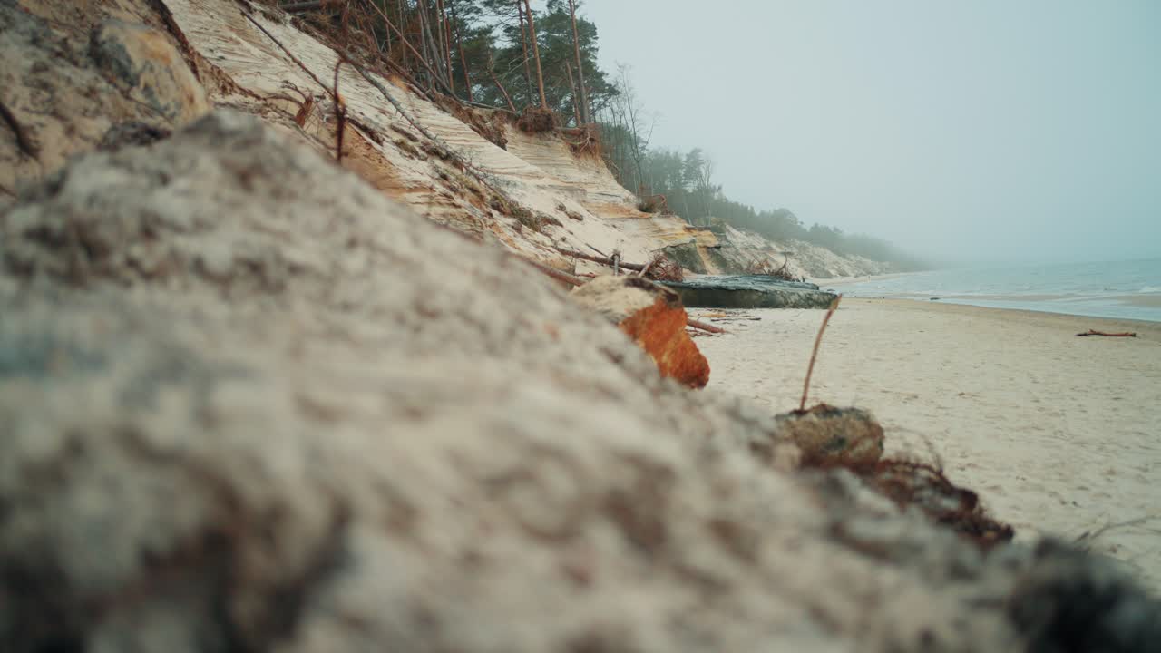 Coastal Landscape with Eroding Cliff and Sandy Beach on a Cloudy Day