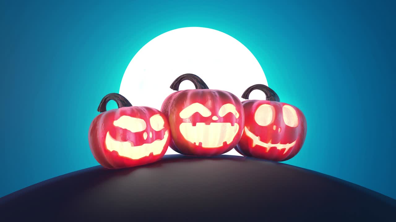 불타는 할로윈 호박은 전체 달과 함께 어두운 배경에 빛나고 있습니다.