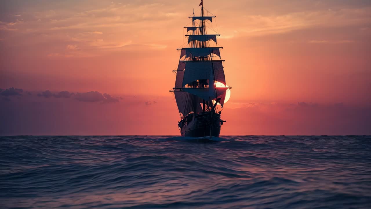 Ship sailing into the sunset