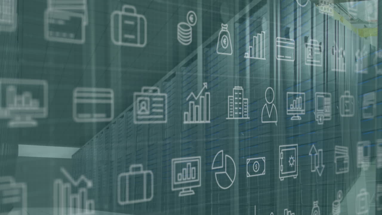 animación de iconos de negocios sobre la sala del servidor