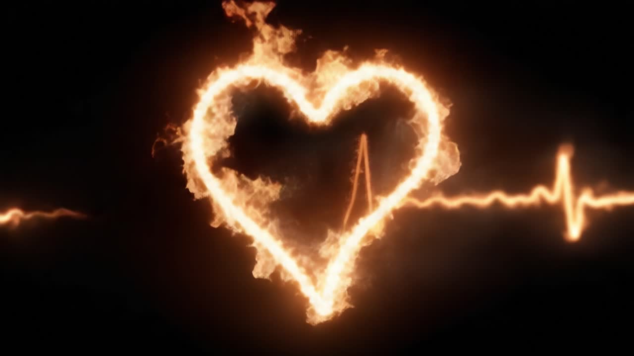 A Captivating Visual of Flame-Shaped Heart Intertwined with Pulsating EKG Line, Representing Passion, Energy, and Life's Intensity in a Stunning Display of Fire and Emotion