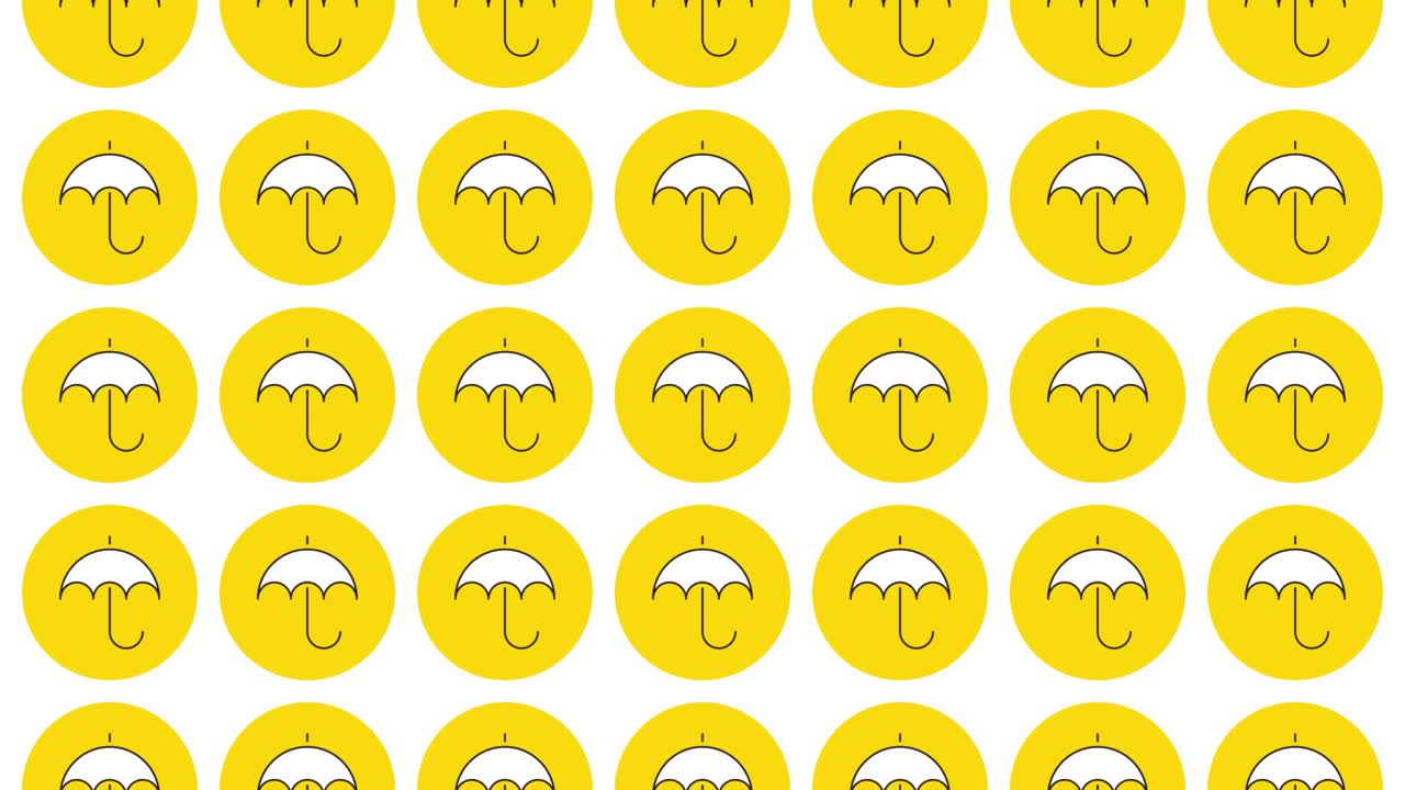 노란색 배경에 검은색 동적 선 패턴을 가진 노란색 원에 있는 우산 아이콘, 정기적인 기호가 회전하는 원활한 루프 동적 패턴