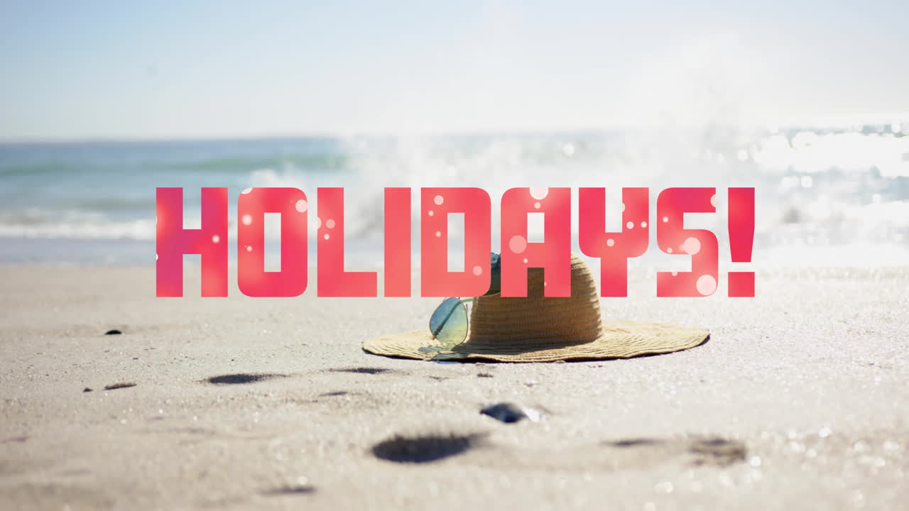 해변에서  모자와 선글라스 위에 휴일 텍스트의 애니메이션