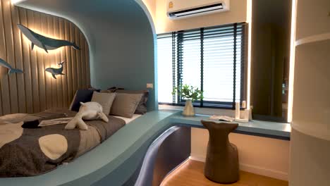 stylish marine theme kid bedroom interior design, no people
