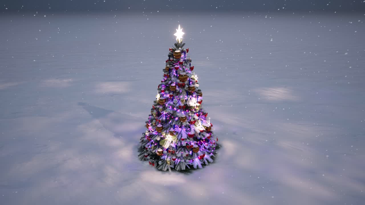 Christmas tree with colorful light bulbs and christmas ornaments in a snowed winter environment 3D animation camera rotate slowly