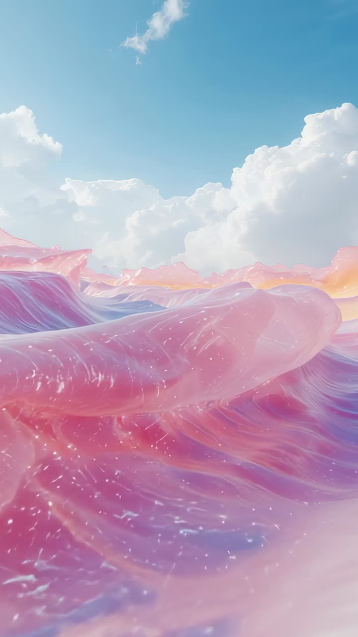 Vertical video: Rolling translucent pink wave breaking beneath bright blue sky, with cumulus clouds