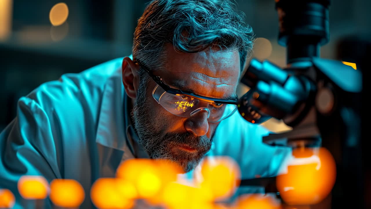 Scientist scans samples under scope. A scientist is carefully examining samples with a microscope in a lab filled with orange light and modern equipment