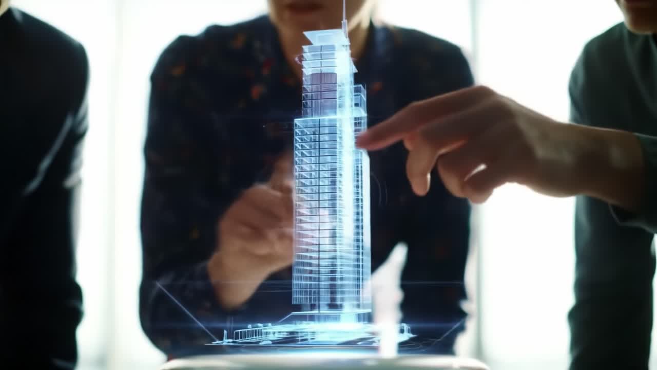 Professionals gather around a table, examining a 3D holographic model of a skyscraper. They use digital tools to collaborate on building design ideas and strategies in a contemporary workspace.