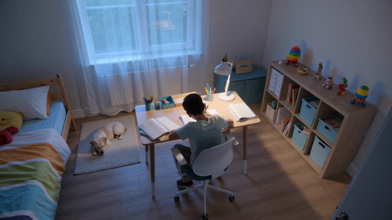 寝室の机でランプの下、開いた本に身を乗り出して宿題のために勉強している子供と、休んでいる犬。