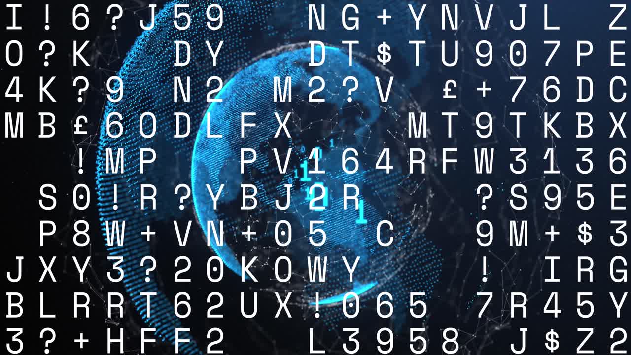 Animation of changing numbers and alphabets over spinning globe against blue background