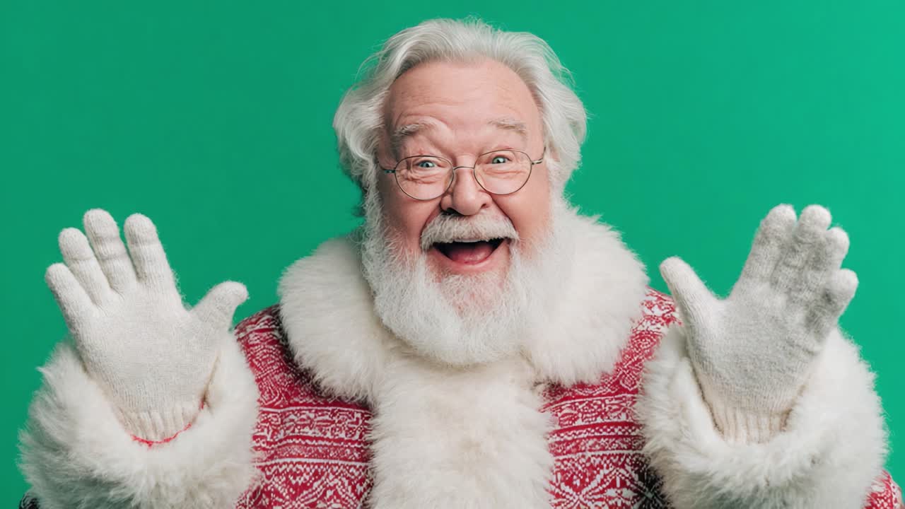 Joyful Santa Claus with a Flourishing Smile and Outstretched Hands, Embracing the Holiday Spirit in a Vibrant Green Background, Spreading Cheerful Greetings to All