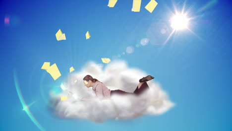 Businesswoman-using-laptop-on-a-cloud