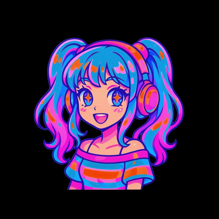 Chica anime vibrante con auriculares parpadeando y sonriendo