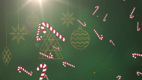 animation of candy cane and snow falling over green background