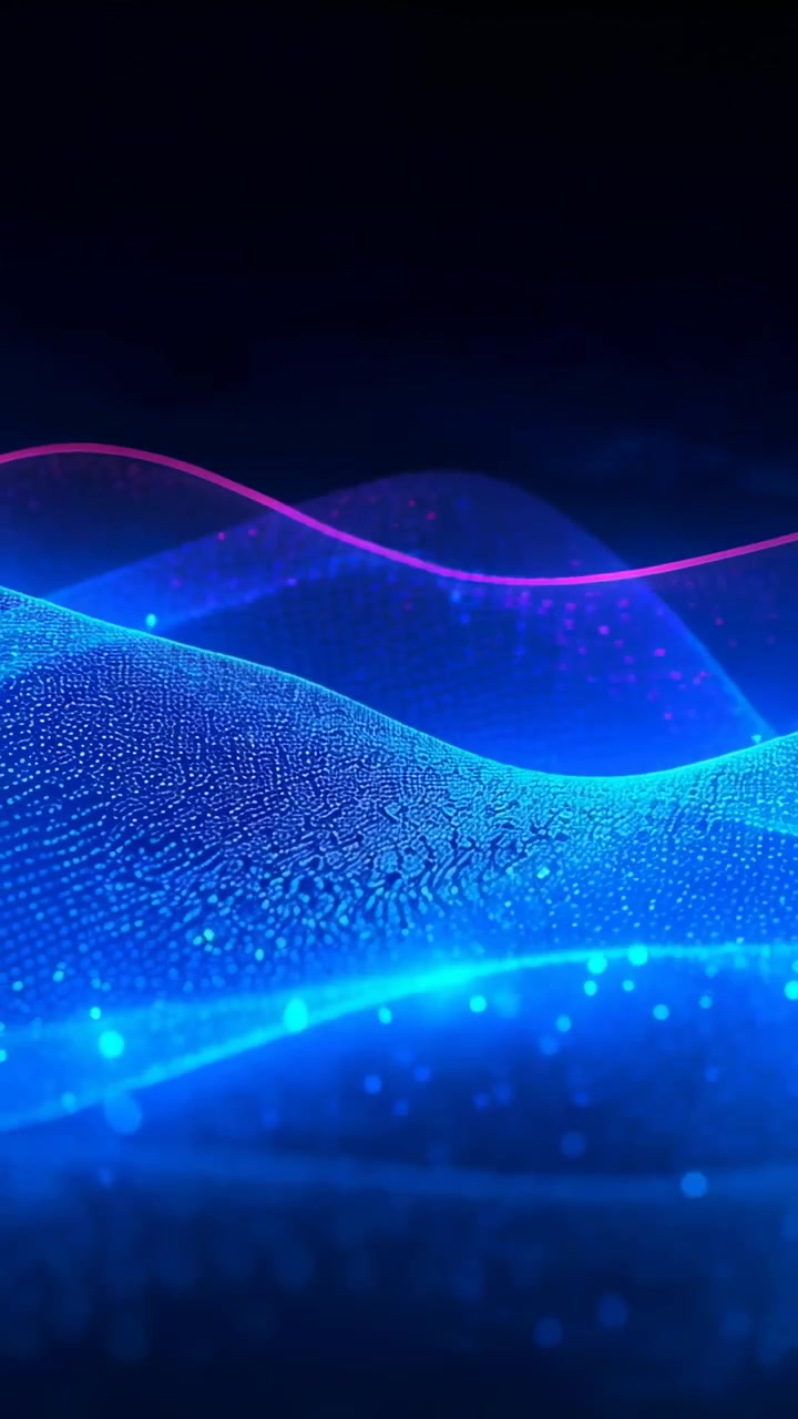 Vertical video: Waving blue mesh wave pulsing dots on loop in navy, magenta ribbon moving for depth